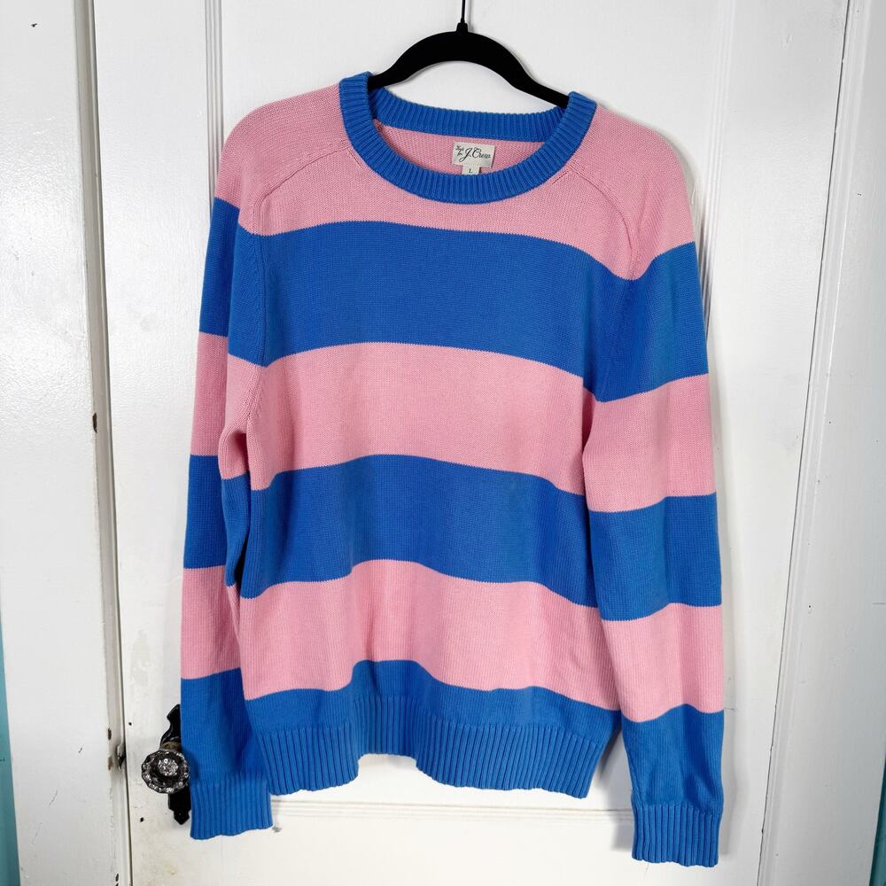 J. Crew Men’s Heritage Striped Crewneck Sweater Pink Blue 100% Cotton Size Large